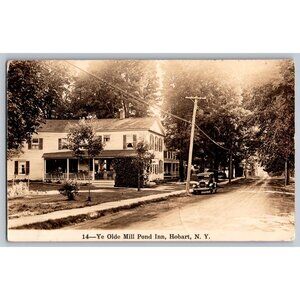 Vintage 1938 Postcard Of Ye Olde Mill Pond Inn Hobart NY With Antique Car #1542